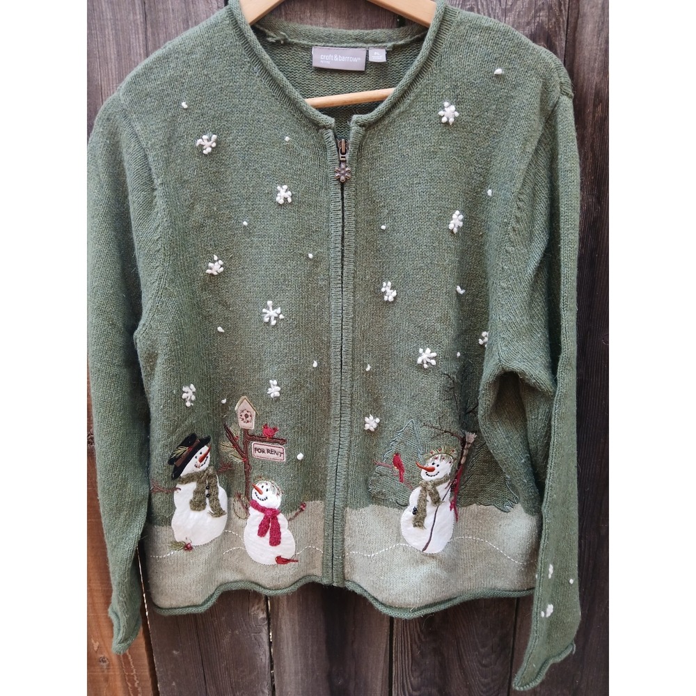 Vintage Croft & Barrow Snowman Winter Scene Cardigan Sweater Petite Large Zip Up